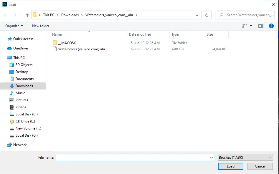 load watercolor brushes onto photoshop