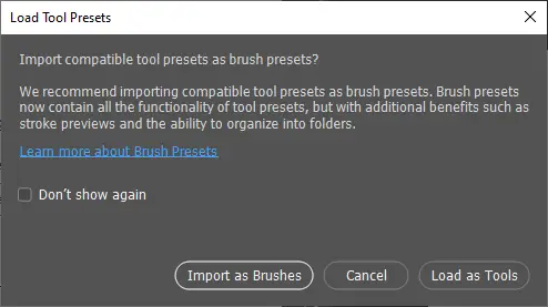 Choose Import as Brushes when prompted
