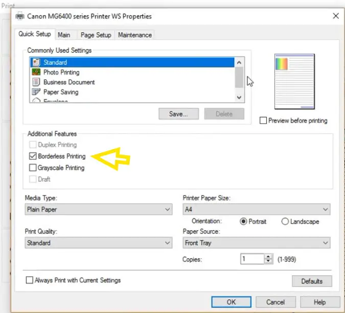 canon borderless setting