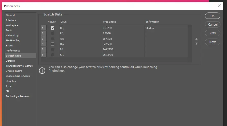 photoshop changing scratch disks