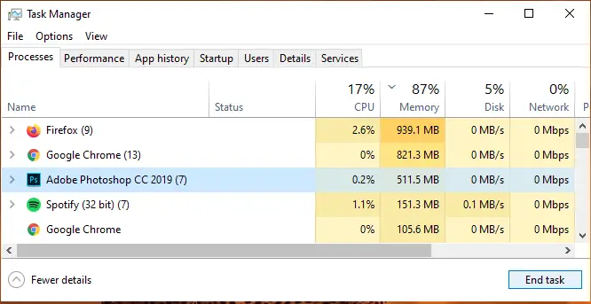 photoshop end process task manager