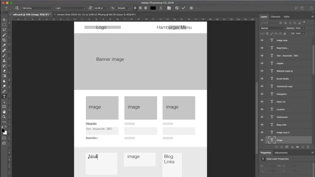 designing website wireframe in Photoshop