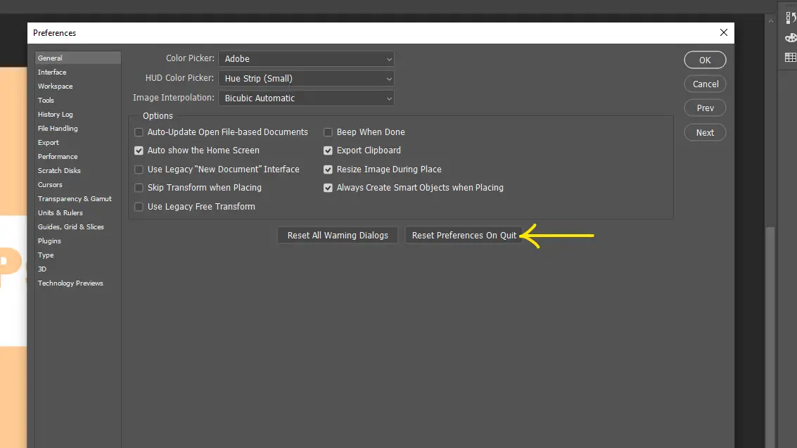 how to reset preferences in photoshop